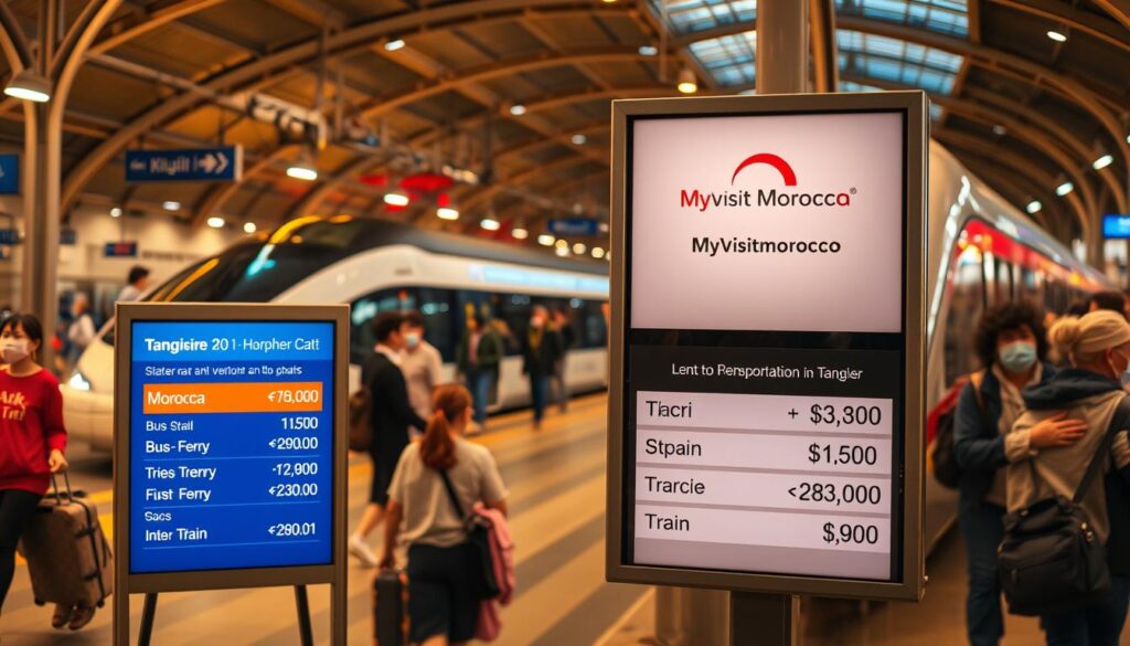 A bustling bus station in Tangier, Morocco, with travelers hauling luggage, as a sleek high-speed train pulls into the station. In the foreground, a display board shows the cost of various transportation options from Morocco to Spain, including bus, ferry, and train. The image is captured with a wide-angle lens, conveying the scale and energy of the scene. Warm, golden lighting illuminates the station, creating a welcoming and efficient atmosphere. The MyVisitMorocco logo is prominently displayed on the display board, showcasing the cost information.