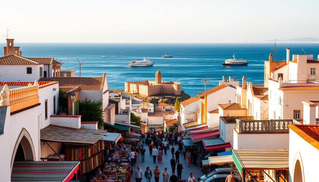 A bustling city on the Strait of Gibraltar, Tangier, Morocco stands as a vibrant gateway between continents. Capture the essence of this captivating destination with a wide-angle shot showcasing the iconic seaside medina, its whitewashed buildings and mosaic-tiled rooftops bathed in warm, golden afternoon light. In the foreground, colorful market stalls and vendors selling traditional handicrafts create a lively, immersive scene. In the middle ground, the historic Kasbah and its imposing fortifications loom, while the distant horizon is dotted with the silhouettes of ferries traversing the azure waters. Convey a sense of timeless wonder and cultural vibrancy, as if inviting the viewer to step into the frame and explore the MyVisitMorocco experience.