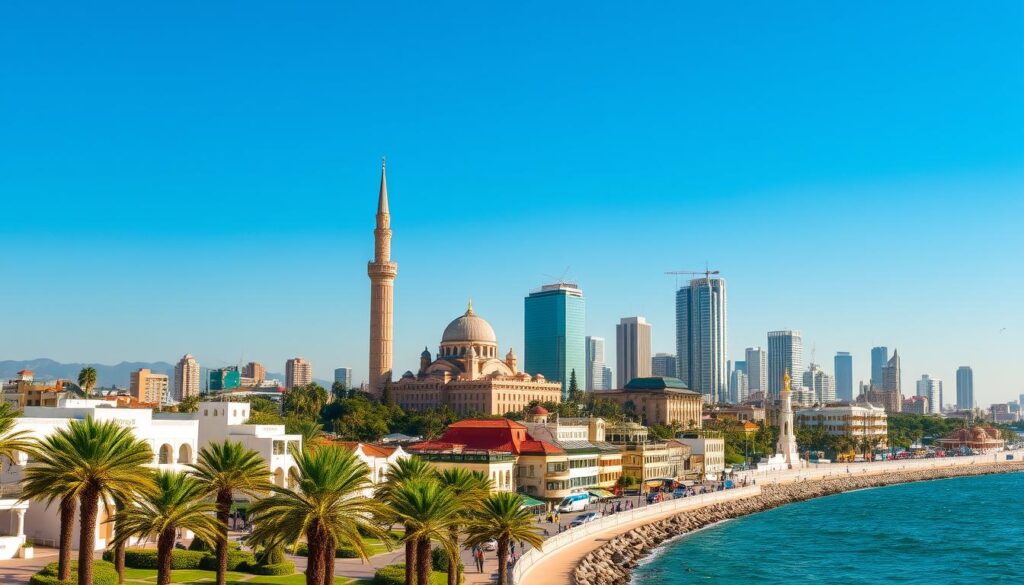 A bustling city skyline of Casablanca, Morocco, basking in warm afternoon sunlight. In the foreground, iconic white-washed buildings and palm trees line the picturesque Corniche promenade along the Atlantic coast. In the middle ground, the grand Hassan II Mosque, with its towering minaret, stands as a testament to Moroccan architecture. Further back, the modern high-rises of the city's business district rise up, creating a striking contrast between old and new. Lush greenery and a clear, azure sky complete the scene, exuding a sense of vibrant, cosmopolitan energy. MyVisitMorocco