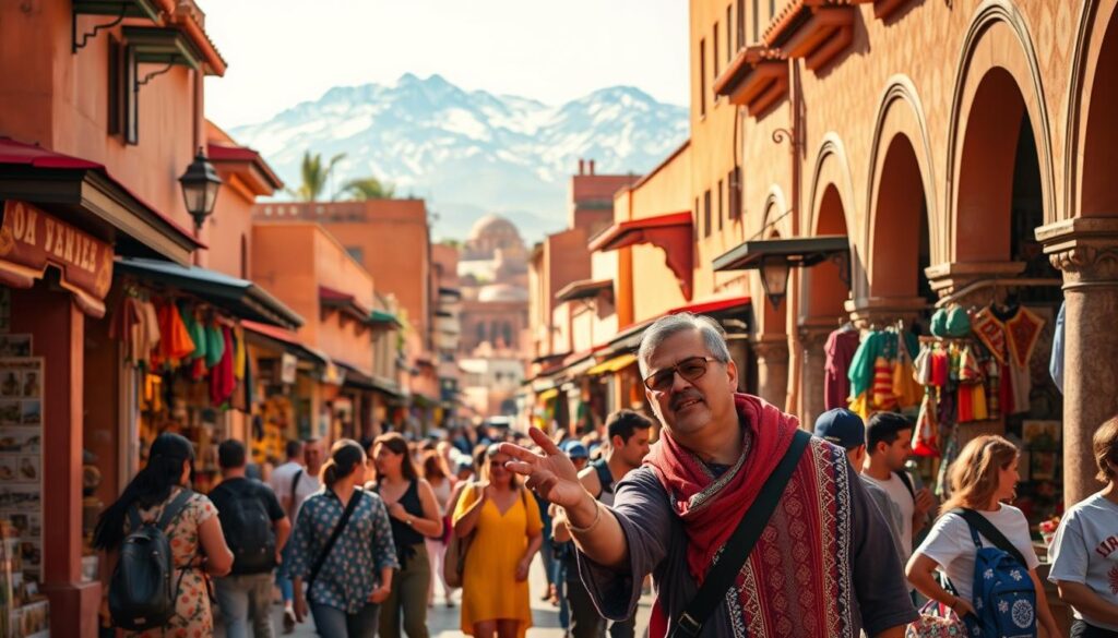A bustling city street in Marrakech, Morocco, with tourists being guided through the vibrant souks and alleyways by a knowledgeable local guide wearing traditional Moroccan attire. In the foreground, the guide gestures animatedly, leading a small group of visitors past colorful stalls and vendors. The middle ground is filled with the sights and sounds of the medina - intricate tile work, ornate archways, and the lively activity of the marketplace. In the background, the snow-capped Atlas Mountains loom, creating a stunning contrast. The scene is captured with a wide-angle lens, creating a sense of immersion, and is illuminated by warm, golden sunlight, conveying the vibrant, otherworldly atmosphere of MyVisitMorocco.