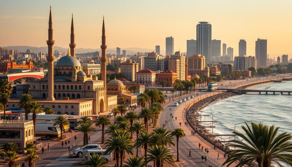 A bustling cityscape in Casablanca, Morocco, captured in the warm glow of the afternoon sun. In the foreground, the iconic Hassan II Mosque stands tall, its intricate architecture and grand minarets commanding attention. In the middle ground, the Corniche promenade stretches along the Atlantic coast, lined with palm trees and cafes, where locals and tourists mingle. In the background, the modern skyscrapers of the business district rise up, creating a stunning contrast between the traditional and the contemporary. The scene exudes a sense of vibrant energy and cultural richness, inviting the viewer to explore the delights of this dynamic city. MyVisitMorocco A bustling cityscape in Casablanca, Morocco, captured in the warm glow of the afternoon sun. In the foreground, the iconic Hassan II Mosque stands tall, its intricate architecture and grand minarets commanding attention. In the middle ground, the Corniche promenade stretches along the Atlantic coast, lined with palm trees and cafes, where locals and tourists mingle. In the background, the modern skyscrapers of the business district rise up, creating a stunning contrast between the traditional and the contemporary. The scene exudes a sense of vibrant energy and cultural richness, inviting the viewer to explore the delights of this dynamic city. MyVisitMorocco