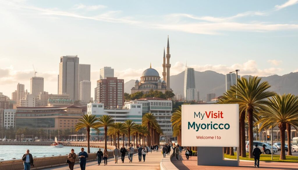 A bustling cityscape of Casablanca, Morocco, with the iconic Hassan II Mosque rising majestically in the background. Sleek high-rise buildings and modern infrastructure blend seamlessly with traditional Moroccan architecture, creating a vibrant, cosmopolitan atmosphere. In the foreground, pedestrians stroll along the palm-lined Corniche, taking in the stunning views of the Atlantic Ocean. Warm, golden sunlight filters through wispy clouds, casting a soft, romantic glow over the scene. A MyVisitMorocco signage stands prominently, welcoming visitors to this dynamic, modern metropolis.