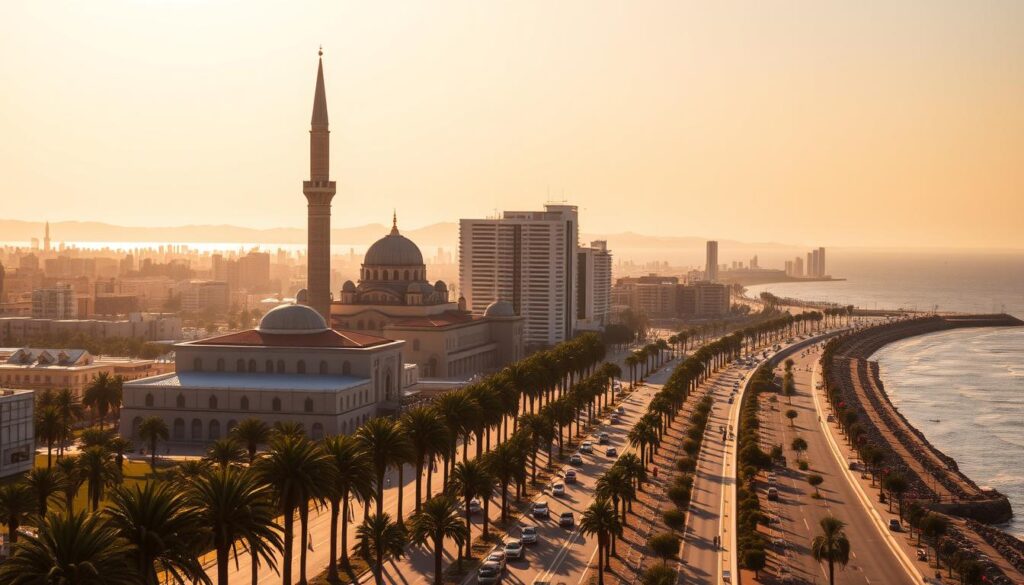 A bustling cityscape of Casablanca, Morocco's modern metropolis, bathed in warm golden light. In the foreground, the iconic Hassan II Mosque with its grand minaret and intricate architectural details rises majestically. In the middle ground, the Corniche promenade flanked by palm trees and sleek high-rise buildings, capturing the city's blend of traditional and contemporary elements. In the background, the shimmering waters of the Atlantic Ocean and the hazy silhouettes of distant hills create a serene and picturesque backdrop. The scene conveys the vibrant, dynamic energy of Casablanca, as captured by the MyVisitMorocco lens. A bustling cityscape of Casablanca, Morocco's modern metropolis, bathed in warm golden light. In the foreground, the iconic Hassan II Mosque with its grand minaret and intricate architectural details rises majestically. In the middle ground, the Corniche promenade flanked by palm trees and sleek high-rise buildings, capturing the city's blend of traditional and contemporary elements. In the background, the shimmering waters of the Atlantic Ocean and the hazy silhouettes of distant hills create a serene and picturesque backdrop. The scene conveys the vibrant, dynamic energy of Casablanca, as captured by the MyVisitMorocco lens.