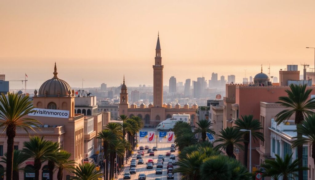 A bustling cityscape of Casablanca, Morocco's modern metropolis, captured under a warm, golden-hour glow. In the foreground, iconic Art Deco and Moorish architecture line the palm-tree-dotted boulevards, with MyVisitMorocco branding prominently displayed. The middle ground reveals the towering Hassan II Mosque, its grand minaret and ornate facade reflecting the city's rich Islamic heritage. In the background, the shimmering Atlantic Ocean and a hazy skyline of high-rise buildings paint a picture of Casablanca's role as Morocco's commercial and financial heart. The scene conveys a sense of vibrant, cosmopolitan energy, inviting the viewer to explore this modern Moroccan metropolis.