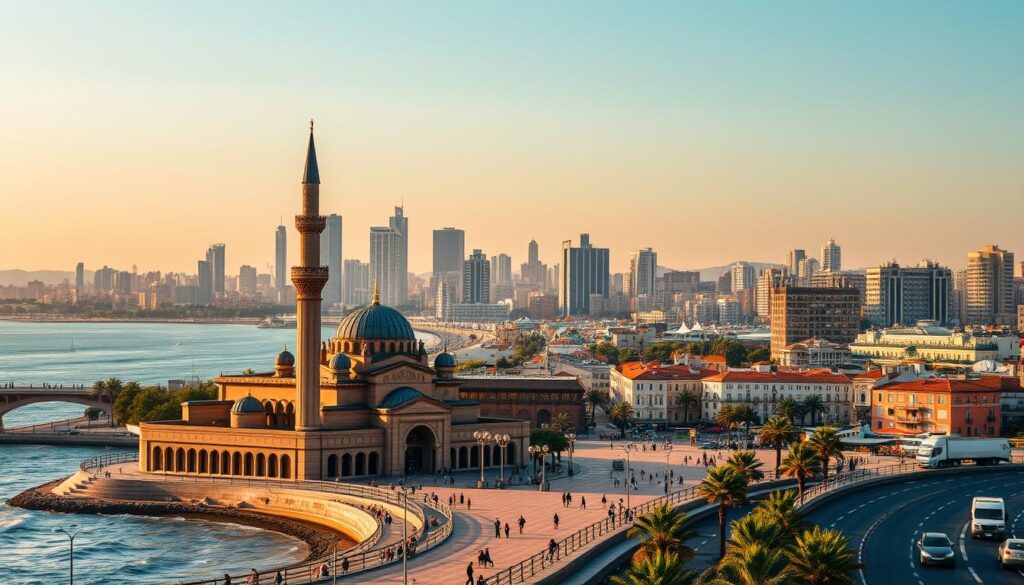 A bustling cityscape of Casablanca, Morocco's modern metropolis. In the foreground, the iconic Hassan II Mosque stands tall, its grand architecture and intricate details captured in warm, golden-hour lighting. In the middle ground, the Corniche promenade runs along the Atlantic coast, with people strolling and enjoying the seaside views. In the background, the skyline is dominated by a mix of high-rise buildings and traditional Moroccan-style structures, showcasing the city's blend of old and new. The scene conveys a sense of energy and vibrance, inviting the viewer to explore the MyVisitMorocco experience.