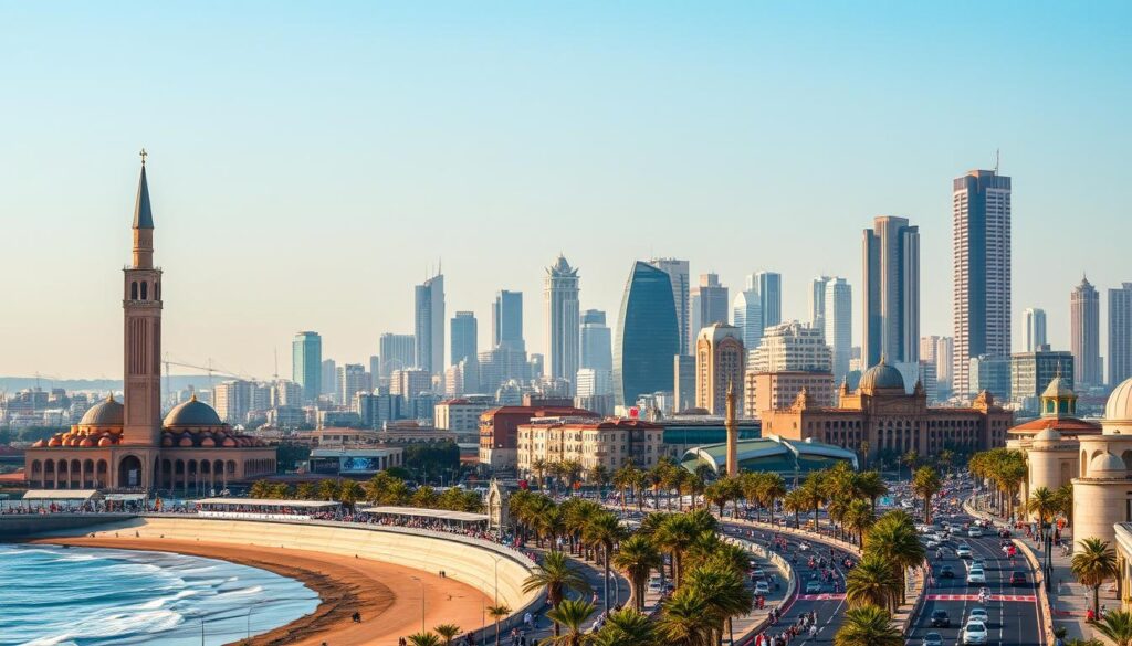 A bustling cityscape of Casablanca, the economic heart of modern Morocco. In the foreground, the grand Hassan II Mosque stands tall, its towering minaret and intricate architecture bathed in warm, golden light. In the middle ground, the iconic Corniche promenade winds along the Atlantic coast, bustling with people enjoying the vibrant atmosphere. In the background, the city's skyscrapers and high-rise buildings reach towards the sky, creating a dynamic, contemporary skyline. The scene is captured with a wide-angle lens, conveying a sense of scale and grandeur. MyVisitMorocco