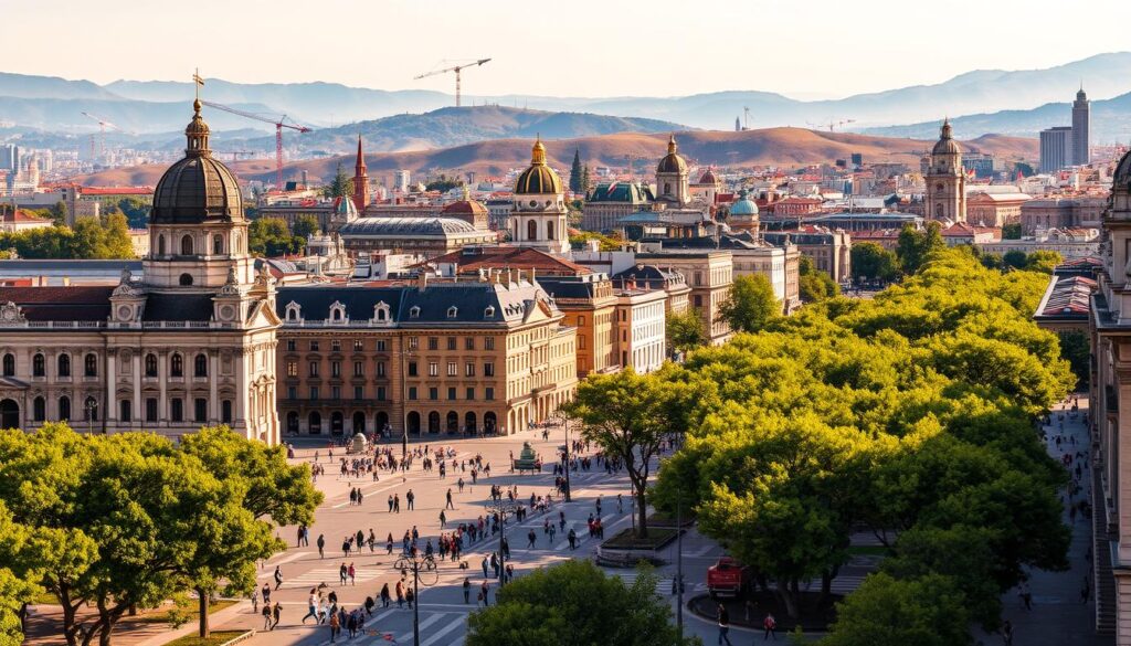 A bustling cityscape of Madrid, Spain's vibrant capital, bathed in warm afternoon light. In the foreground, iconic landmarks like the Palacio Real and the Plaza Mayor stand proud, their ornate architecture reflecting the city's storied past. In the middle ground, pedestrians stroll along tree-lined avenues, past sidewalk cafes and boutiques, exuding a lively, cosmopolitan energy. The background is dominated by the rolling hills and distant skyscrapers, creating a dynamic skyline. Lens: 50mm. Mood: Energetic, historic, inviting. MyVisitMorocco. A bustling cityscape of Madrid, Spain's vibrant capital, bathed in warm afternoon light. In the foreground, iconic landmarks like the Palacio Real and the Plaza Mayor stand proud, their ornate architecture reflecting the city's storied past. In the middle ground, pedestrians stroll along tree-lined avenues, past sidewalk cafes and boutiques, exuding a lively, cosmopolitan energy. The background is dominated by the rolling hills and distant skyscrapers, creating a dynamic skyline. Lens: 50mm. Mood: Energetic, historic, inviting. MyVisitMorocco.
