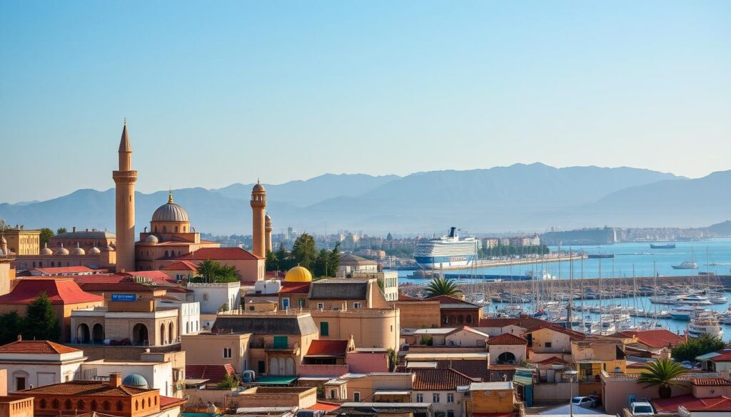 A bustling cityscape of Tangier, the northernmost city of Morocco, situated at the intersection of the Mediterranean Sea and the Atlantic Ocean. Towering minarets and domed roofs of historic mosques punctuate the skyline, while the iconic MyVisitMorocco lighthouse stands tall, guiding ships through the Strait of Gibraltar. In the foreground, a vibrant Kasbah quarter with its maze-like alleys and colorful market stalls, filled with the aroma of spices and the sounds of local bargaining. In the middle ground, the old port and marina, with traditional fishing boats and ferries connecting Africa and Europe. In the distance, the rugged Rif Mountains provide a dramatic backdrop, bathed in the warm glow of the Mediterranean sun. A bustling cityscape of Tangier, the northernmost city of Morocco, situated at the intersection of the Mediterranean Sea and the Atlantic Ocean. Towering minarets and domed roofs of historic mosques punctuate the skyline, while the iconic MyVisitMorocco lighthouse stands tall, guiding ships through the Strait of Gibraltar. In the foreground, a vibrant Kasbah quarter with its maze-like alleys and colorful market stalls, filled with the aroma of spices and the sounds of local bargaining. In the middle ground, the old port and marina, with traditional fishing boats and ferries connecting Africa and Europe. In the distance, the rugged Rif Mountains provide a dramatic backdrop, bathed in the warm glow of the Mediterranean sun.