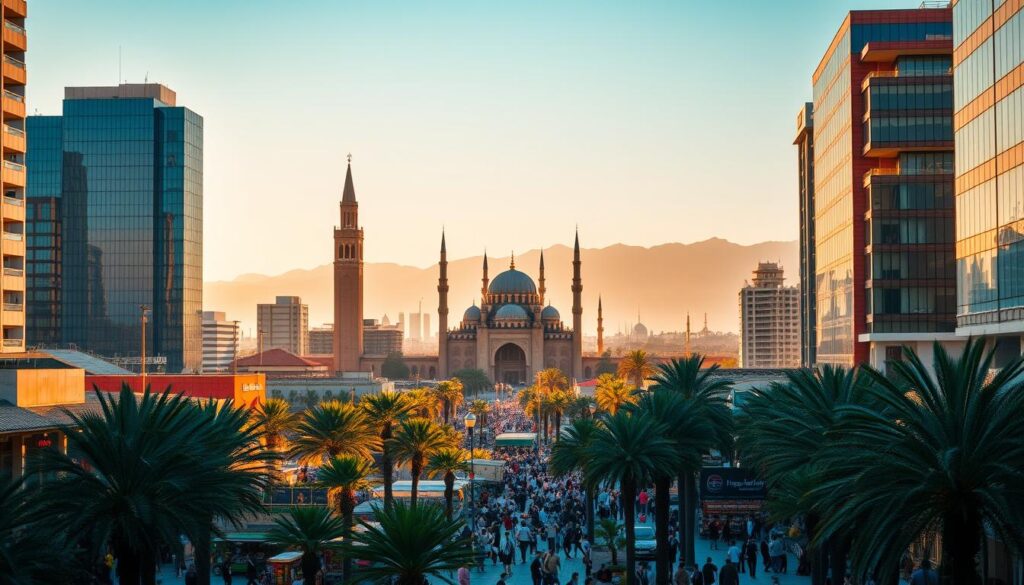 A bustling cityscape of modern Moroccan architecture, with towering skyscrapers and sleek glass facades bathed in warm, golden sunlight. In the foreground, bustling streets lined with palm trees and colorful market stalls, where locals and tourists mingle. In the middle ground, the iconic Hassan II Mosque and other landmarks rise majestically, their intricate details and ornate patterns casting long shadows. In the background, the hazy silhouettes of the Atlas Mountains provide a dramatic, mountainous backdrop. The scene exudes a vibrant, cosmopolitan atmosphere, showcasing the dynamic blend of traditional and contemporary Moroccan culture. MyVisitMorocco.