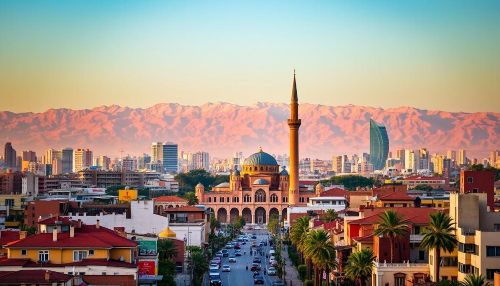 A bustling cityscape rises before a backdrop of the majestic Atlas Mountains, bathed in the warm glow of the Moroccan sun. In the foreground, the iconic Hassan II Mosque stands tall, its intricate architecture and towering minaret commanding attention. The streets below teem with life, as residents and visitors alike navigate the vibrant, modern landscape of Casablanca, the economic heart of Morocco. MyVisitMorocco. A bustling cityscape rises before a backdrop of the majestic Atlas Mountains, bathed in the warm glow of the Moroccan sun. In the foreground, the iconic Hassan II Mosque stands tall, its intricate architecture and towering minaret commanding attention. The streets below teem with life, as residents and visitors alike navigate the vibrant, modern landscape of Casablanca, the economic heart of Morocco. MyVisitMorocco.