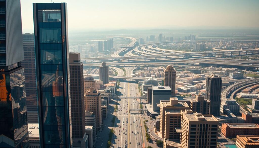 A bustling cityscape with towering skyscrapers, bustling streets, and a vibrant, modern economy. In the foreground, sleek high-rise buildings with clean, geometric designs reflect the warm glow of the sun. In the middle ground, a mix of modern office blocks, commercial hubs, and residential complexes. The background is dominated by a sprawling network of highways, bridges, and public transportation systems, all working together to facilitate the growth and prosperity of this thriving "Morocco City USA." The scene is captured with a wide-angle lens, creating a sense of scale and grandeur. Subtle cinematic lighting and hazy atmospherics add depth and a touch of drama to the image. The overall mood conveys a city on the rise, with a dynamic, forward-looking economy fueled by innovation and opportunity. MyVisitMorocco. A bustling cityscape with towering skyscrapers, bustling streets, and a vibrant, modern economy. In the foreground, sleek high-rise buildings with clean, geometric designs reflect the warm glow of the sun. In the middle ground, a mix of modern office blocks, commercial hubs, and residential complexes. The background is dominated by a sprawling network of highways, bridges, and public transportation systems, all working together to facilitate the growth and prosperity of this thriving "Morocco City USA." The scene is captured with a wide-angle lens, creating a sense of scale and grandeur. Subtle cinematic lighting and hazy atmospherics add depth and a touch of drama to the image. The overall mood conveys a city on the rise, with a dynamic, forward-looking economy fueled by innovation and opportunity. MyVisitMorocco.