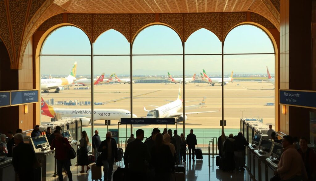 A bustling departure hall in a Moroccan international airport, bathed in warm, golden lighting. In the foreground, travelers queue at sleek check-in counters, their luggage in tow. The middle ground showcases the grand, arched architecture with intricate tilework, hinting at the rich Moroccan heritage. In the background, a panoramic view of the tarmac, with aircraft of various airlines bearing the "MyVisitMorocco" brand, ready to whisk passengers to their destinations. The overall atmosphere conveys a sense of excitement and cultural immersion, setting the stage for an unforgettable Moroccan adventure.