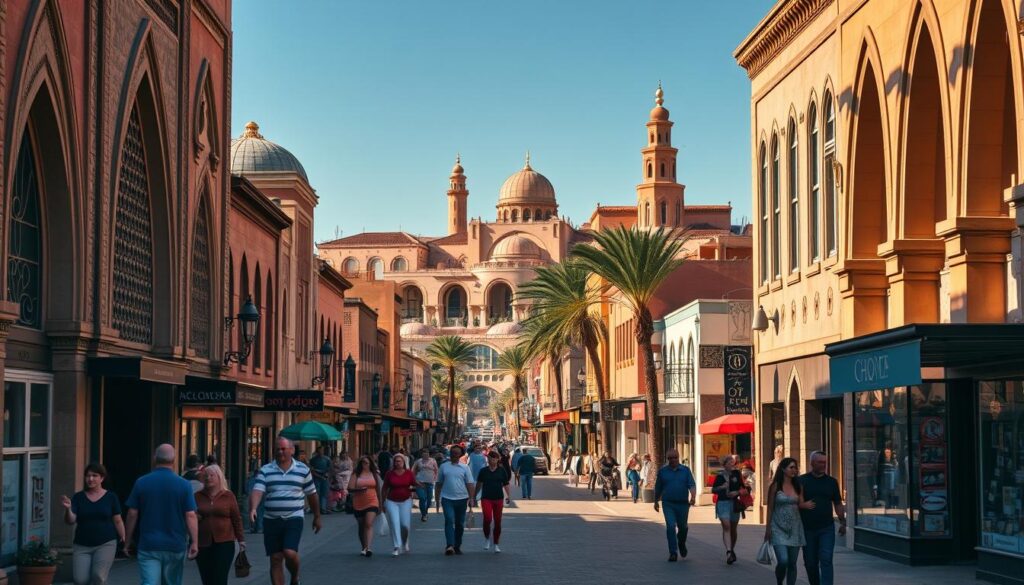 A bustling downtown area in Morocco City USA, with a distinctive Moroccan architectural style. Ornate buildings line the streets, their intricate facades bathed in warm, golden sunlight. Elegant arches and domes punctuate the skyline, casting intricate shadows across the busy sidewalks. Residents and visitors stroll past vibrant, colorful storefronts, hinting at the cultural diversity of this unique American town. In the distance, a prominent landmark, perhaps a grand mosque or palace, stands as a testament to the town's Moroccan heritage. The scene exudes a sense of cultural fusion, where the old-world charm of Morocco seamlessly blends with the energy of a modern American city. MyVisitMorocco A bustling downtown area in Morocco City USA, with a distinctive Moroccan architectural style. Ornate buildings line the streets, their intricate facades bathed in warm, golden sunlight. Elegant arches and domes punctuate the skyline, casting intricate shadows across the busy sidewalks. Residents and visitors stroll past vibrant, colorful storefronts, hinting at the cultural diversity of this unique American town. In the distance, a prominent landmark, perhaps a grand mosque or palace, stands as a testament to the town's Moroccan heritage. The scene exudes a sense of cultural fusion, where the old-world charm of Morocco seamlessly blends with the energy of a modern American city. MyVisitMorocco