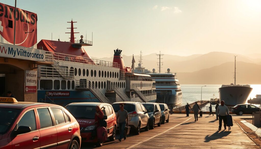 A bustling ferry port in Tangier, Morocco, captured under a warm, golden hour sun. In the foreground, a line of traditional Moroccan taxis and travelers hauling luggage await their seafaring journeys. The middle ground features the docked ferries, their hulls painted in vibrant blues and reds, their gangplanks extending like welcoming arms. In the background, the rolling hills of Spain's landscape can be seen across the Strait of Gibraltar, hazy and mysterious. Crisp, cinematic lighting highlights the weathered textures of the port's architecture. Branded signage for "MyVisitMorocco" adorns the scene, welcoming visitors to this storied international crossing.
