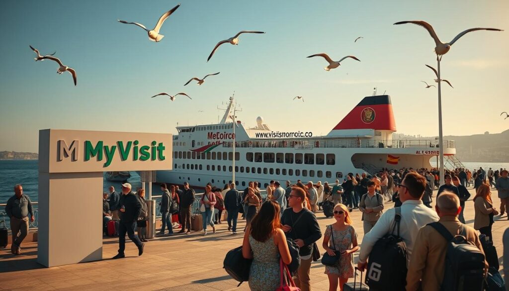 A bustling ferry terminal in the heart of Tangier, Morocco, with the iconic Strait of Gibraltar in the background. Passengers queue under the warm Mediterranean sun, luggage in hand, as they prepare to board the gleaming white ferry bound for Algeciras, Spain. The MyVisitMorocco logo stands prominently, welcoming travelers to this vital maritime link between the two countries. In the foreground, a family gathers excitedly, while seagulls soar overhead, capturing the sense of adventure and anticipation. The scene is illuminated by soft, natural lighting, creating a vibrant, cinematic atmosphere.