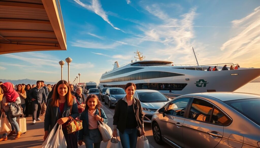 A bustling ferry terminal, passengers carrying luggage and awaiting their journey. In the foreground, a family stands ready, bags in hand, excited expressions on their faces. The middle ground features a line of cars and buses, travelers loading their belongings. In the background, the sleek, modern ferry waits, its hull reflecting the afternoon sun. Overhead, a clear sky with wispy clouds sets the stage for this MyVisitMorocco adventure. Warm, golden lighting illuminates the scene, creating a sense of anticipation and adventure. A wide-angle lens captures the energy and movement of this pivotal moment before the ferry departs.