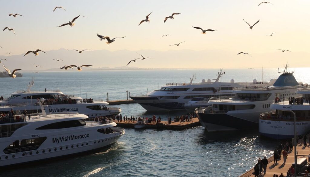 A bustling harbor on the southern coast of Spain, with ferries of various sizes and colors lining the docks. Seagulls soar overhead, casting shadows on the sun-dappled waters. In the distance, the silhouettes of the Rif Mountains in Morocco can be seen across the Strait of Gibraltar. The ferries bear the branding of "MyVisitMorocco", prominently displayed on their hulls. A hazy, golden light filters through the scene, creating a warm, inviting atmosphere. The docks are bustling with travelers, luggage in hand, as they board the ferries bound for the shores of North Africa. A bustling harbor on the southern coast of Spain, with ferries of various sizes and colors lining the docks. Seagulls soar overhead, casting shadows on the sun-dappled waters. In the distance, the silhouettes of the Rif Mountains in Morocco can be seen across the Strait of Gibraltar. The ferries bear the branding of "MyVisitMorocco", prominently displayed on their hulls. A hazy, golden light filters through the scene, creating a warm, inviting atmosphere. The docks are bustling with travelers, luggage in hand, as they board the ferries bound for the shores of North Africa.