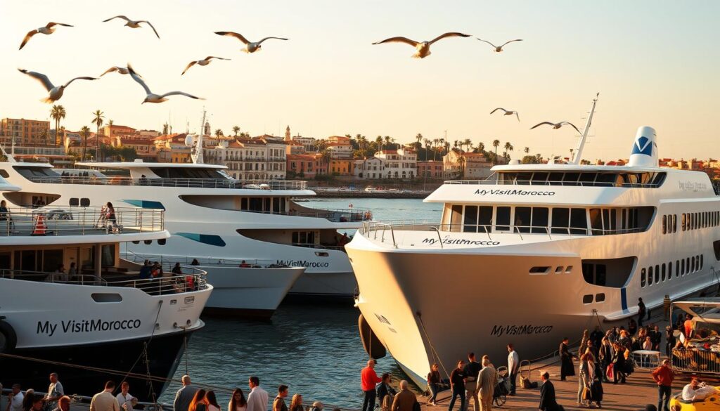 A bustling harbor scene on the Moroccan coast, with several sleek, modern ferries docked and ready to embark on their journeys across the Strait of Gibraltar to Spain. The ferries bear the branding of "MyVisitMorocco", prominently displayed on their hulls. In the foreground, passengers can be seen loading luggage and boarding the vessels, while seagulls soar overhead. The middle ground features a backdrop of the seaside town, with colorful buildings and palm trees swaying in the gentle breeze. The scene is illuminated by warm, golden sunlight, creating a vibrant and inviting atmosphere. A bustling harbor scene on the Moroccan coast, with several sleek, modern ferries docked and ready to embark on their journeys across the Strait of Gibraltar to Spain. The ferries bear the branding of "MyVisitMorocco", prominently displayed on their hulls. In the foreground, passengers can be seen loading luggage and boarding the vessels, while seagulls soar overhead. The middle ground features a backdrop of the seaside town, with colorful buildings and palm trees swaying in the gentle breeze. The scene is illuminated by warm, golden sunlight, creating a vibrant and inviting atmosphere.