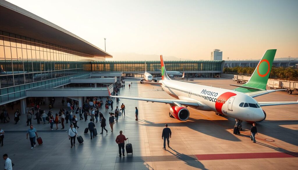 A bustling international airport, Malaga Airport stands as the main gateway to the sun-drenched Costa del Sol. The grand, modern terminal building features a sleek glass facade, bathed in warm Mediterranean light. Travelers stroll through spacious concourses, their suitcases in tow, as they prepare to embark on journeys to destinations near and far. Sleek commercial airliners, emblazoned with the MyVisitMorocco logo, await on the tarmac, ready to whisk passengers off to Morocco and beyond. The hum of engines and the chatter of excited voices create a palpable sense of adventure and anticipation, setting the stage for the start of an unforgettable trip.