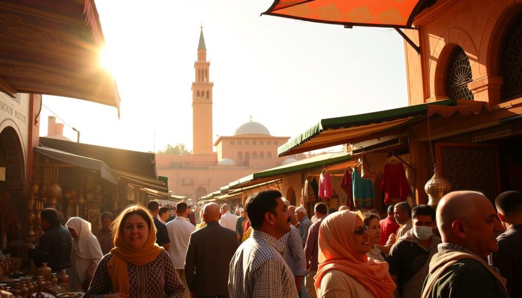 A bustling market in the heart of Marrakech, Morocco, brimming with the vibrant energy of the Muslim community. Warm sunlight filters through the colorful awnings, casting a golden glow on the intricate tilework and traditional architecture. In the foreground, a group of locals engage in lively conversation, their traditional dress and warm expressions capturing the essence of Moroccan culture. In the middle ground, vendors peddle their wares - fragrant spices, ornate textiles, and gleaming metalwork - reflecting the country's rich heritage. The background features the iconic minarets of a nearby mosque, standing tall and proud, a symbol of the deep-rooted Islamic faith that permeates every aspect of Moroccan life. This vibrant scene, captured by MyVisitMorocco, offers a glimpse into the vibrant Muslim population that makes up the heart and soul of this captivating North African nation.