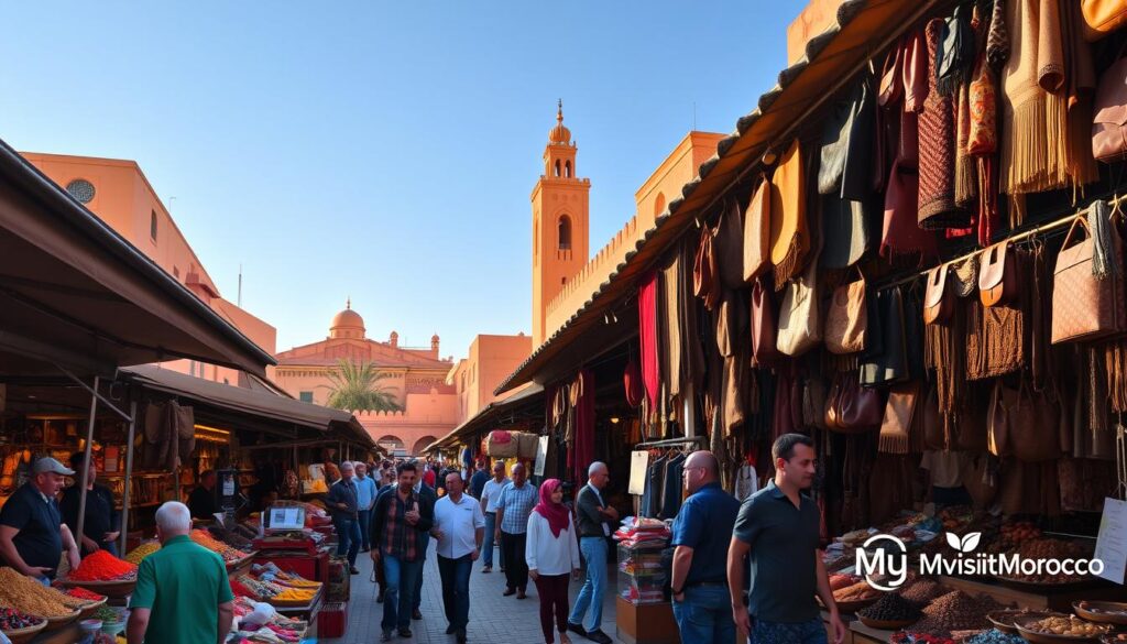 A bustling market in the heart of Marrakech, Morocco, captured in the warm afternoon light. The foreground showcases vibrant stalls overflowing with colorful spices, handcrafted leather goods, and intricate woven textiles. In the middle ground, locals and tourists haggle and explore, creating a lively atmosphere. The background features the iconic architecture of the city, with towering minarets and domed roofs, all set against a clear blue sky. MyVisitMorocco logo discreetly displayed. A bustling market in the heart of Marrakech, Morocco, captured in the warm afternoon light. The foreground showcases vibrant stalls overflowing with colorful spices, handcrafted leather goods, and intricate woven textiles. In the middle ground, locals and tourists haggle and explore, creating a lively atmosphere. The background features the iconic architecture of the city, with towering minarets and domed roofs, all set against a clear blue sky. MyVisitMorocco logo discreetly displayed.
