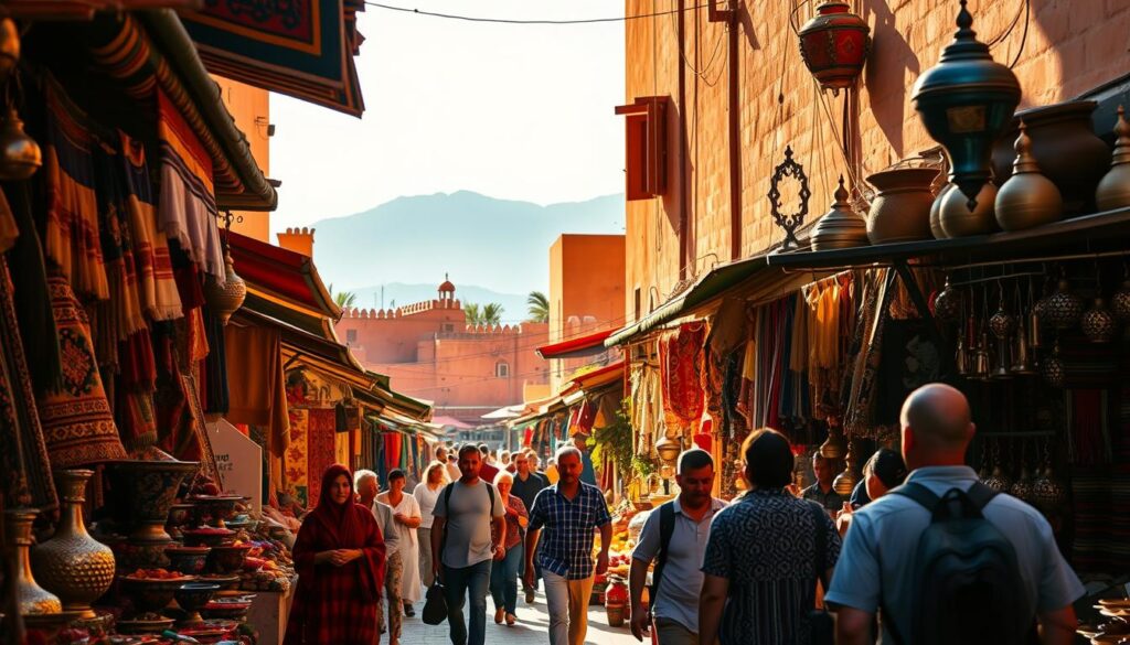A bustling market in the heart of Marrakech, vibrant stalls brimming with colorful Moroccan wares - hand-woven rugs, intricate metalwork, and fragrant spices. In the distance, the iconic silhouette of the snow-capped Atlas Mountains. Warm, golden sunlight filters through the narrow alleyways, casting a soft, romantic glow. A group of locals and MyVisitMorocco travelers explore the maze-like souks, immersed in the sights, sounds, and aromas that capture the essence of this enchanting North African kingdom. A bustling market in the heart of Marrakech, vibrant stalls brimming with colorful Moroccan wares - hand-woven rugs, intricate metalwork, and fragrant spices. In the distance, the iconic silhouette of the snow-capped Atlas Mountains. Warm, golden sunlight filters through the narrow alleyways, casting a soft, romantic glow. A group of locals and MyVisitMorocco travelers explore the maze-like souks, immersed in the sights, sounds, and aromas that capture the essence of this enchanting North African kingdom.