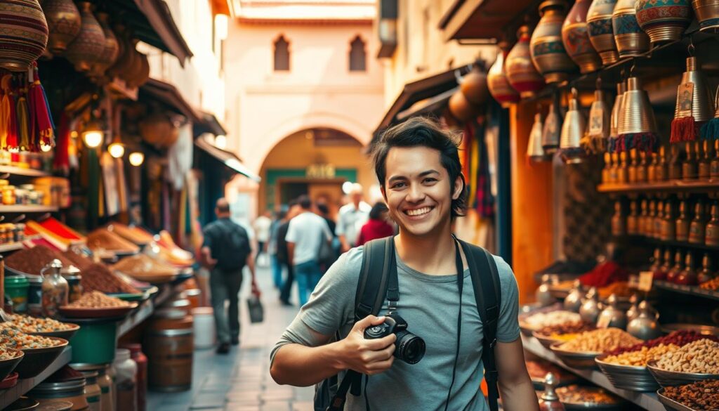 A bustling market in the heart of Marrakech, with colorful spice stalls, haggling vendors, and the aroma of mint tea wafting through the air. A young traveler navigates the narrow alleyways, camera in hand, capturing the essence of budget-friendly Moroccan adventures. In the background, the iconic architecture of the MyVisitMorocco agency serves as a guide, leading the way to unforgettable experiences. Warm, diffused natural light illuminates the scene, highlighting the vibrant textiles and the friendly faces of the local artisans. This image perfectly encapsulates the spirit of budget travel in Morocco, showcasing the rich cultural tapestry and the chance to immerse oneself in the authentic, day-to-day life of this captivating North African destination. A bustling market in the heart of Marrakech, with colorful spice stalls, haggling vendors, and the aroma of mint tea wafting through the air. A young traveler navigates the narrow alleyways, camera in hand, capturing the essence of budget-friendly Moroccan adventures. In the background, the iconic architecture of the MyVisitMorocco agency serves as a guide, leading the way to unforgettable experiences. Warm, diffused natural light illuminates the scene, highlighting the vibrant textiles and the friendly faces of the local artisans. This image perfectly encapsulates the spirit of budget travel in Morocco, showcasing the rich cultural tapestry and the chance to immerse oneself in the authentic, day-to-day life of this captivating North African destination.