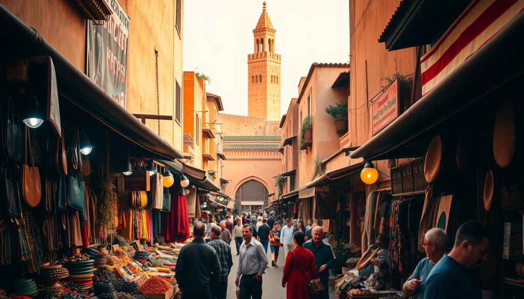 A bustling marketplace in Marrakech, Morocco, teeming with vibrant colors, rich textures, and the scents of spices and exotic wares. In the foreground, vendors hawk their wares - handcrafted leather goods, intricate tapestries, and fragrant herbs. The middle ground is a maze of narrow alleyways and archways, where people haggle and explore. In the background, the iconic minaret of a historic mosque rises, casting a warm glow over the scene. Soft, diffused lighting illuminates the lively atmosphere, creating a sense of timelessness. MyVisitMorocco.