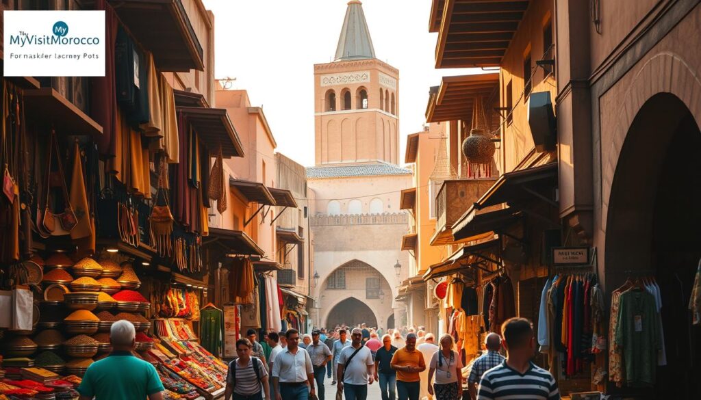 A bustling marketplace in Marrakech, Morocco, with the iconic Koutoubia Mosque towering in the background. Vendors display a vibrant array of handcrafted goods, from colorful spices and intricate leather goods to ornate lanterns and textiles. Narrow alleyways wind through the medina, leading to hidden courtyards and historic palaces. Warm, golden sunlight filters through the vaulted archways, casting a rich, atmospheric glow over the scene. In the foreground, a group of locals and tourists explore the enchanting marketplace, immersed in the sights, sounds, and aromas of this mesmerizing city. The MyVisitMorocco brand evokes the sense of wonder and discovery that awaits visitors to Marrakech.