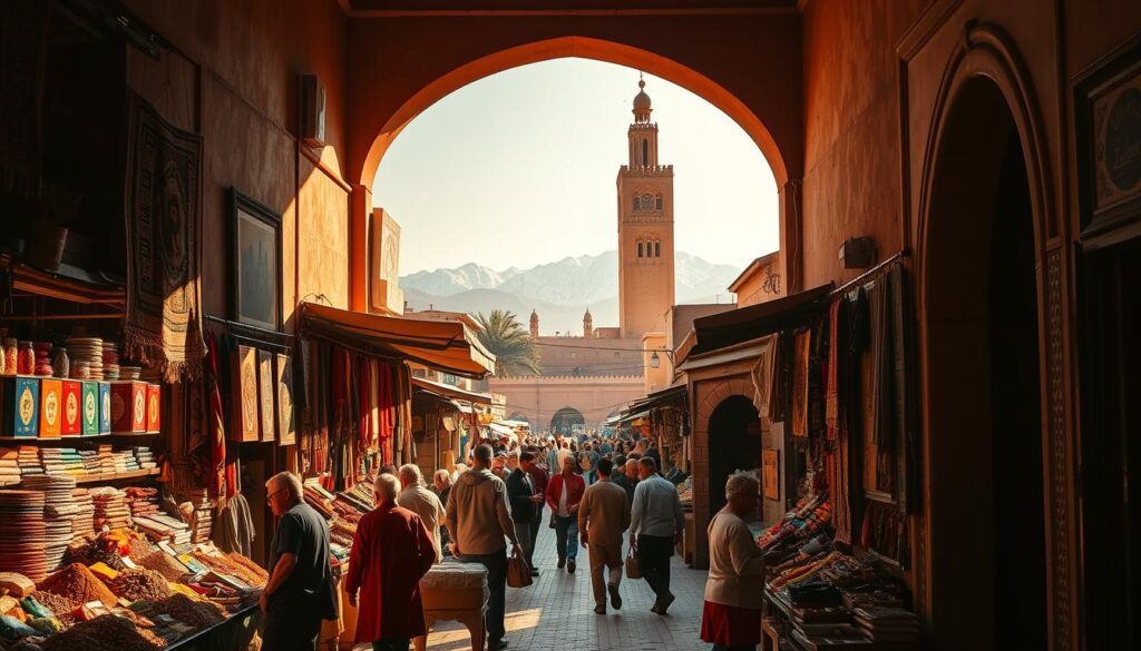 A bustling marketplace in Marrakech, Morocco, with the iconic Koutoubia Mosque towering in the background. Vibrant stalls display an array of spices, rugs, and handicrafts, as merchants and locals haggle in a lively exchange. Warm, golden light filters through the narrow streets, casting long shadows and illuminating the intricate architectural details. Ornate doorways and archways frame the scene, hinting at the city's rich history and cultural heritage. In the distance, the snow-capped Atlas Mountains lend a majestic backdrop to this timeless, enchanting vision of Marrakech. MyVisitMorocco