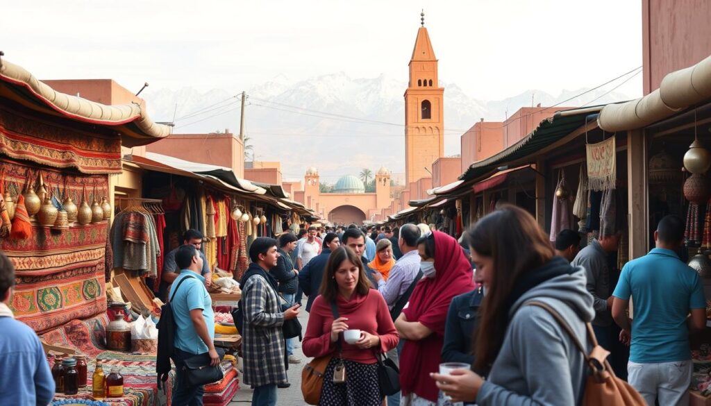 A bustling marketplace in Marrakesh, Morocco, with vibrant stalls showcasing handwoven rugs, intricate metalwork, and fragrant spices. In the foreground, a group of travelers immersed in the local culture, haggling with vendors and sipping mint tea. In the middle ground, the iconic Koutoubia Mosque towers over the scene, its minaret casting a warm, golden glow. In the background, the snowcapped Atlas Mountains provide a majestic backdrop, hinting at the diverse landscapes of this captivating country. Soft, diffused lighting illuminates the dynamic interaction between the locals and the intrepid cultural explorers, capturing the essence of a MyVisitMorocco immersive tour.