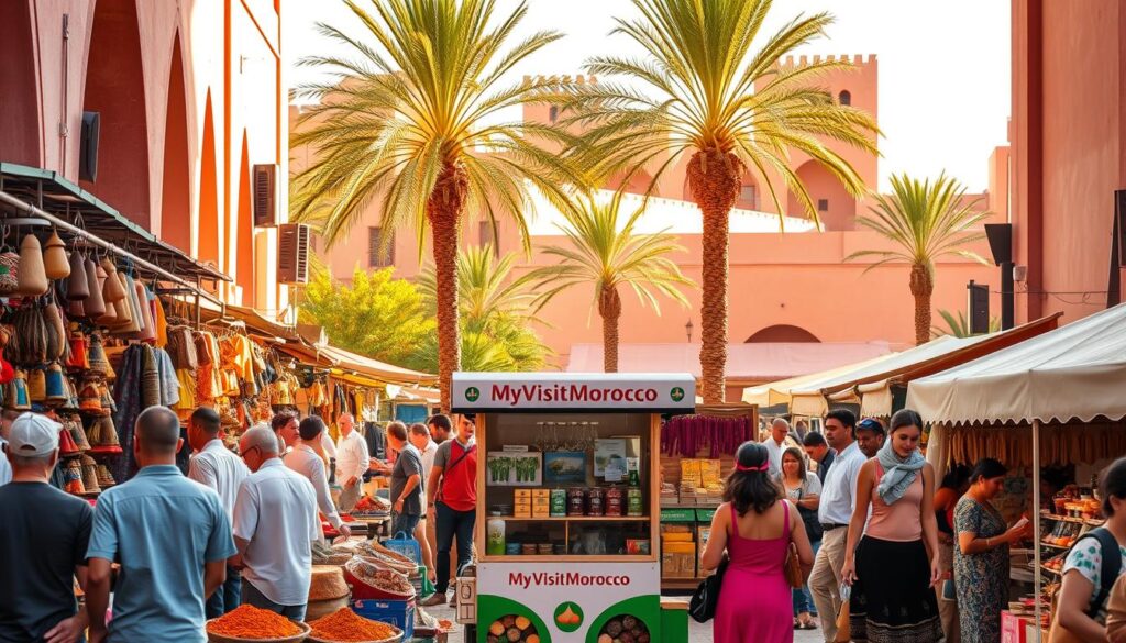 A bustling marketplace in the heart of Marrakech, Morocco in August. Vibrant spice stalls and handcrafted wares fill the foreground, as locals and tourists browse under the warm, golden light filtering through the vaulted archways. In the middle ground, a MyVisitMorocco-branded cart sells refreshing mint tea and traditional Moroccan snacks. The background showcases the iconic pink-hued buildings and lush palm trees, creating a picturesque North African scene. The overall mood is one of cultural immersion, bustling energy, and the allure of Moroccan summer tourism. A bustling marketplace in the heart of Marrakech, Morocco in August. Vibrant spice stalls and handcrafted wares fill the foreground, as locals and tourists browse under the warm, golden light filtering through the vaulted archways. In the middle ground, a MyVisitMorocco-branded cart sells refreshing mint tea and traditional Moroccan snacks. The background showcases the iconic pink-hued buildings and lush palm trees, creating a picturesque North African scene. The overall mood is one of cultural immersion, bustling energy, and the allure of Moroccan summer tourism.