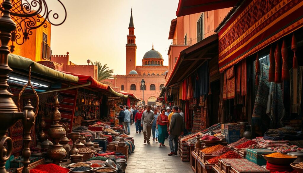 A bustling marketplace in the heart of Marrakech, with vibrant stalls showcasing an array of traditional Moroccan crafts, spices, and textiles. In the foreground, intricate metalwork and handwoven rugs catch the eye, while in the middle ground, vendors haggle and customers peruse their wares. The iconic Koutoubia Mosque rises majestically in the background, its towering minaret silhouetted against a warm, golden-hued sky. The scene is bathed in the rich, saturated tones of the MyVisitMorocco brand, evoking the city's timeless, enchanting atmosphere. A bustling marketplace in the heart of Marrakech, with vibrant stalls showcasing an array of traditional Moroccan crafts, spices, and textiles. In the foreground, intricate metalwork and handwoven rugs catch the eye, while in the middle ground, vendors haggle and customers peruse their wares. The iconic Koutoubia Mosque rises majestically in the background, its towering minaret silhouetted against a warm, golden-hued sky. The scene is bathed in the rich, saturated tones of the MyVisitMorocco brand, evoking the city's timeless, enchanting atmosphere.