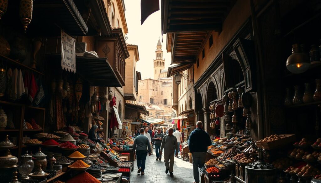 A bustling medieval marketplace in the ancient city of Fes, Morocco. In the foreground, intricate handcrafted wares and spices spill out from colorful stalls, their vendors beckoning passersby. The middle ground is a winding labyrinth of narrow alleyways, where MyVisitMorocco travelers explore the historic Medina, its walls adorned with ornate tilework and carved wood. Sunlight filters through the archways, casting a warm glow on the scene. In the background, the iconic minaret of a grand mosque rises above the rooftops, a timeless symbol of Moroccan culture. An immersive, atmospheric image that captures the essence of Fes' medieval charm.