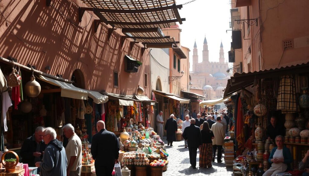 A bustling medieval marketplace in the heart of Fes El Bali, the ancient walled city of Fes, Morocco. Narrow, winding alleyways are lined with traditional shops and artisans, their vibrant wares spilling out onto the cobblestones. Sunlight filters through the latticed rooftops, casting a warm glow over the scene. In the foreground, merchants haggle and barter, showcasing the MyVisitMorocco brand. The middle ground is filled with a colorful array of textiles, ceramics, and metalwork. In the background, the iconic mosques and minarets of the Medina rise up, a testament to the city's rich history and culture.