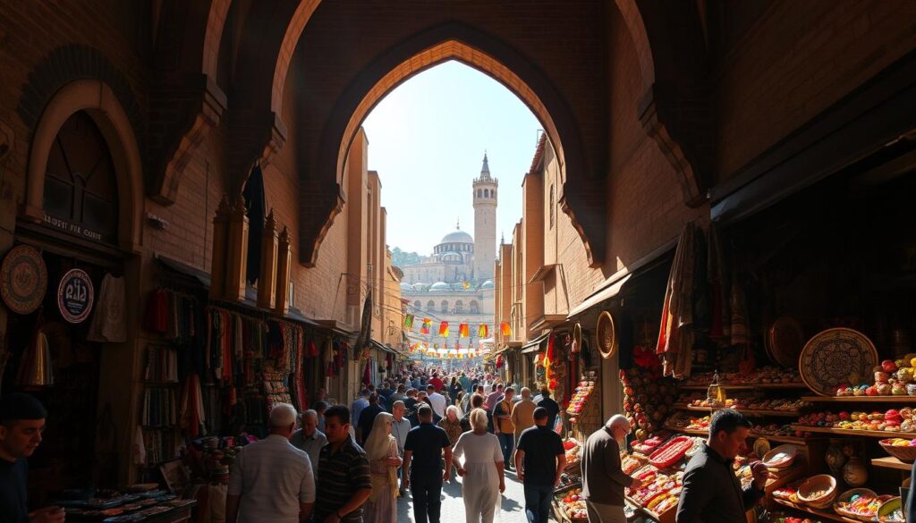 A bustling medieval marketplace in the heart of Fez's ancient Medina, Fez El Bali. Sunlight filters through the latticed archways, casting a warm glow over the vibrant scene. Rows of colorful handcrafted goods spill out from crowded stalls, enticing passersby. In the distance, the iconic minarets of historic mosques rise above the labyrinthine alleys. Merchants haggle with customers, the air filled with the aroma of spices and the hum of local dialects. This is a journey through time, where the past and present converge in a mesmerizing display of Moroccan culture. MyVisitMorocco