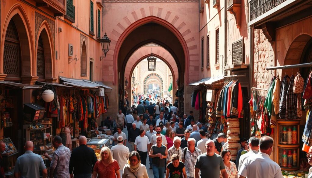 A bustling medieval marketplace in the heart of Marrakech's UNESCO-listed Medina, with ornate architecture and vibrant local life. Narrow, winding alleys filled with the sights, sounds, and scents of traditional Moroccan souks. Vendors hawk their wares under the warm, golden light of a North African sun, as onlookers weave through the lively crowds. Massive stone archways and intricate tilework frame the scene, creating an atmospheric, timeless atmosphere. MyVisitMorocco A bustling medieval marketplace in the heart of Marrakech's UNESCO-listed Medina, with ornate architecture and vibrant local life. Narrow, winding alleys filled with the sights, sounds, and scents of traditional Moroccan souks. Vendors hawk their wares under the warm, golden light of a North African sun, as onlookers weave through the lively crowds. Massive stone archways and intricate tilework frame the scene, creating an atmospheric, timeless atmosphere. MyVisitMorocco