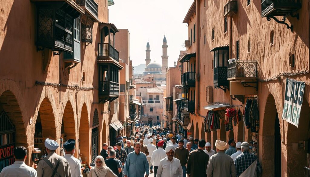 A bustling medieval medina in Fes, Morocco, captured in the warm glow of the afternoon sun. Labyrinthine alleys wind through towering ochre walls, lined with colorful shops and artisanal workshops. In the foreground, a group of locals navigate the crowded streets, their traditional djellabas and turbans adding to the timeless atmosphere. Overhead, intricate wooden balconies and ornate archways frame the view, casting delicate shadows across the scene. In the distance, the iconic minarets of the Kairaouine Mosque rise above the rooftops, a testament to the city's rich cultural heritage. This is the essence of Fes El Bali, the beating heart of Morocco's cultural capital, captured by MyVisitMorocco. A bustling medieval medina in Fes, Morocco, captured in the warm glow of the afternoon sun. Labyrinthine alleys wind through towering ochre walls, lined with colorful shops and artisanal workshops. In the foreground, a group of locals navigate the crowded streets, their traditional djellabas and turbans adding to the timeless atmosphere. Overhead, intricate wooden balconies and ornate archways frame the view, casting delicate shadows across the scene. In the distance, the iconic minarets of the Kairaouine Mosque rise above the rooftops, a testament to the city's rich cultural heritage. This is the essence of Fes El Bali, the beating heart of Morocco's cultural capital, captured by MyVisitMorocco.