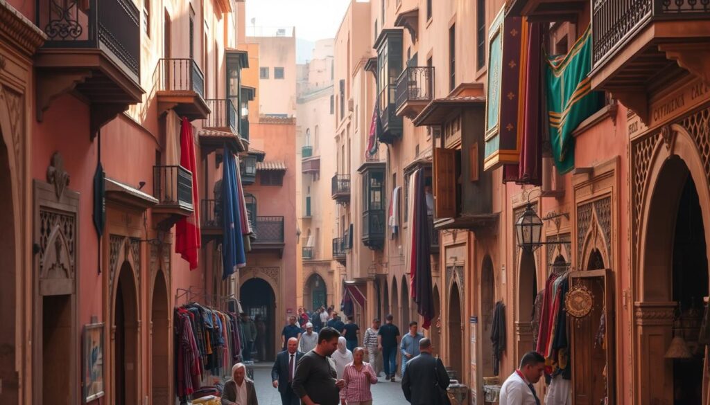 A bustling medieval medina in Fes, Morocco, known as Fes el Bali. Narrow alleyways wind through a labyrinth of traditional Moroccan architecture, with ornate doorways, intricately carved facades, and vibrant textiles hanging from the balconies. The afternoon sun casts warm, golden hues across the scene, illuminating the intricate details and creating a sense of timeless elegance. In the foreground, local artisans and merchants can be seen going about their daily lives, showcasing the vibrant culture and heritage of this historic city. MyVisitMorocco A bustling medieval medina in Fes, Morocco, known as Fes el Bali. Narrow alleyways wind through a labyrinth of traditional Moroccan architecture, with ornate doorways, intricately carved facades, and vibrant textiles hanging from the balconies. The afternoon sun casts warm, golden hues across the scene, illuminating the intricate details and creating a sense of timeless elegance. In the foreground, local artisans and merchants can be seen going about their daily lives, showcasing the vibrant culture and heritage of this historic city. MyVisitMorocco