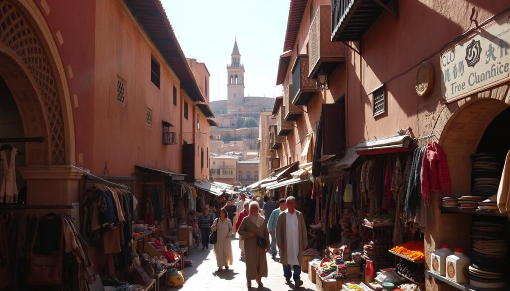 A bustling medieval medina in Fez, Morocco, with a labyrinth of narrow alleys and vibrant markets. Sunlight filters through the intricate latticed archways, casting warm shadows on the ochre-hued walls. In the foreground, vendors sell handcrafted leather goods, colorful textiles, and fragrant spices. In the middle ground, locals navigate the maze-like streets, their traditional djellaba robes swaying. In the background, the iconic minaret of an ancient mosque towers over the cityscape. Capture the timeless essence of this historic city with a MyVisitMorocco photo.