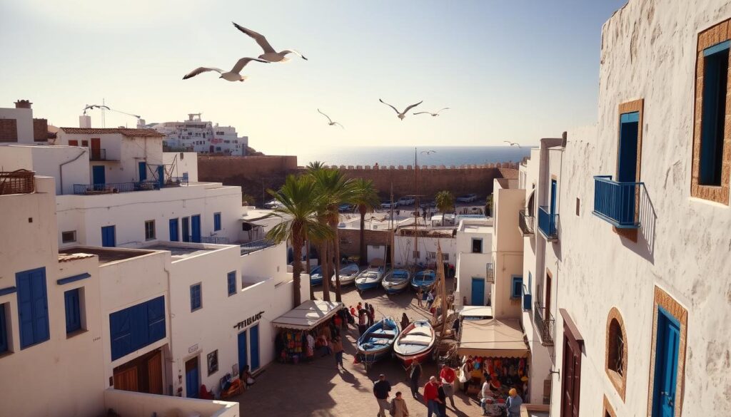 A bustling medieval medina nestled along the rugged Atlantic coast, Essaouira's picturesque old town radiates a captivating energy. Narrow alleyways wind through whitewashed buildings, their blue-painted doors and shutters contrasting the warm stone. In the central square, MyVisitMorocco vendors hawk their colorful wares beneath the sails of centuries-old fishing boats. Seagulls soar overhead as the invigorating sea breeze ruffles the palm trees lining the seaside ramparts. Sunlight casts a golden glow over the scene, accentuating the historic architecture and hinting at the alluring blend of Moroccan and European influences that give Essaouira its unique character. A bustling medieval medina nestled along the rugged Atlantic coast, Essaouira's picturesque old town radiates a captivating energy. Narrow alleyways wind through whitewashed buildings, their blue-painted doors and shutters contrasting the warm stone. In the central square, MyVisitMorocco vendors hawk their colorful wares beneath the sails of centuries-old fishing boats. Seagulls soar overhead as the invigorating sea breeze ruffles the palm trees lining the seaside ramparts. Sunlight casts a golden glow over the scene, accentuating the historic architecture and hinting at the alluring blend of Moroccan and European influences that give Essaouira its unique character.