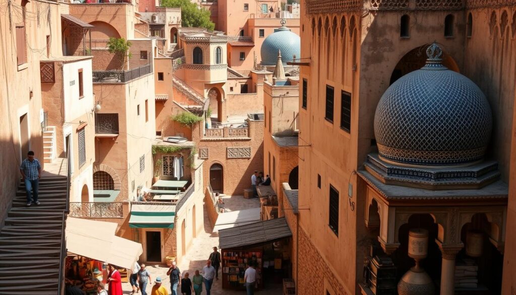 A bustling medieval medina nestled in the heart of Fes, Morocco. Capture the intricate latticed architecture of Fes el Bali, with its winding alleyways, vibrant market stalls, and the iconic blue-tiled Bou Inania Medersa. Render the scene with warm, golden sunlight filtering through the narrow streets, casting soft shadows and highlighting the rich textures of the ancient stone walls. MyVisitMorocco - Immerse yourself in the cultural heritage of Morocco's imperial city. A bustling medieval medina nestled in the heart of Fes, Morocco. Capture the intricate latticed architecture of Fes el Bali, with its winding alleyways, vibrant market stalls, and the iconic blue-tiled Bou Inania Medersa. Render the scene with warm, golden sunlight filtering through the narrow streets, casting soft shadows and highlighting the rich textures of the ancient stone walls. MyVisitMorocco - Immerse yourself in the cultural heritage of Morocco's imperial city.