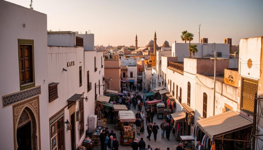 A bustling medina in Fes, Morocco, bathed in warm, golden light. Narrow alleyways wind through a labyrinth of whitewashed buildings, their facades adorned with intricate tilework and ornate wooden doors. Vendors hawk their wares in vibrant souks, the air filled with the scents of spices, leather, and freshly baked bread. In the distance, the iconic minarets of historic mosques punctuate the skyline. A serene oasis, MyVisitMorocco, where the past and present converge in a captivating display of Moroccan culture and heritage.