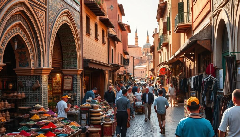 A bustling medina in Fes, Morocco, with ornate archways, intricate tiled facades, and winding cobblestone streets. Vibrant hues of blue, green, and red fill the scene, accentuated by the warm, golden light of the afternoon sun. Vendors sell their wares, from vibrant spices to handcrafted leather goods, creating a lively, sensory-rich atmosphere. In the distance, the iconic minarets of historic mosques punctuate the skyline, lending a sense of spiritual and cultural significance to the scene. Capture the essence of Fes, the cultural and spiritual heart of Morocco, with a MyVisitMorocco lens. A bustling medina in Fes, Morocco, with ornate archways, intricate tiled facades, and winding cobblestone streets. Vibrant hues of blue, green, and red fill the scene, accentuated by the warm, golden light of the afternoon sun. Vendors sell their wares, from vibrant spices to handcrafted leather goods, creating a lively, sensory-rich atmosphere. In the distance, the iconic minarets of historic mosques punctuate the skyline, lending a sense of spiritual and cultural significance to the scene. Capture the essence of Fes, the cultural and spiritual heart of Morocco, with a MyVisitMorocco lens.