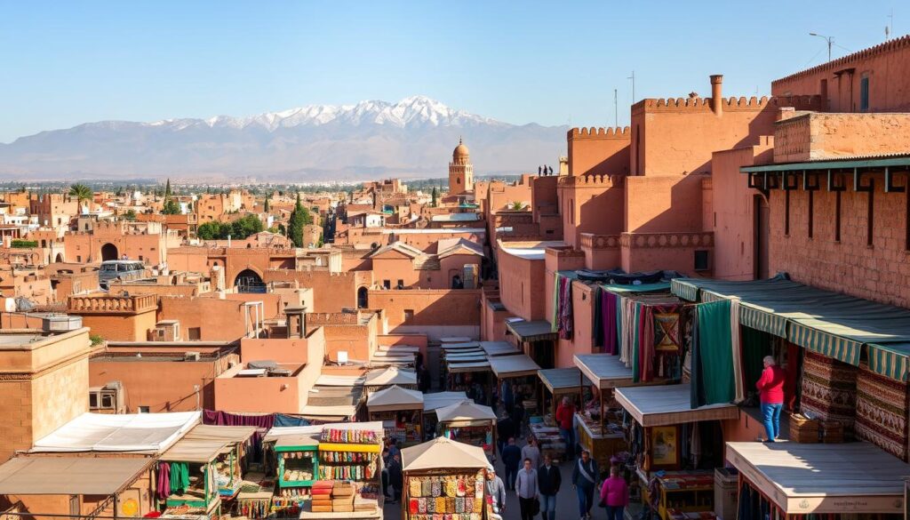 A bustling medina in Fes, Morocco, with the iconic architecture of Fes el Bali - rows of tightly packed, earth-toned buildings, their intricate facades bathed in warm, golden light. In the foreground, a busy marketplace with vendors selling vibrant textiles, fragrant spices, and gleaming metalwork. In the middle ground, the winding alleys and narrow passageways of the old city, people navigating the labyrinth of streets. In the background, the majestic Atlas Mountains rise, their snow-capped peaks creating a dramatic contrast. The scene exudes the cultural and spiritual essence of Morocco, showcasing the MyVisitMorocco experience.