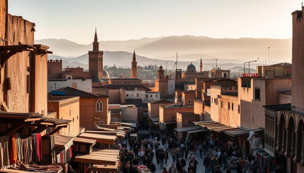 A bustling medina in Fez, Morocco, captured in a wide-angle lens. The ancient winding alleyways and colorful markets of the Fez Medina stretch out in the foreground, showcasing the intricate architecture and vibrant textiles. Vendors hawk their wares, creating a lively atmosphere. In the middle ground, the iconic pointed roofs and minarets of historic mosques rise up, casting long shadows. In the background, the rugged Atlas Mountains loom, their peaks blanketed in a soft haze. Warm, golden light filters through the narrow streets, evoking the timeless, cultural essence of this UNESCO World Heritage site. MyVisitMorocco. A bustling medina in Fez, Morocco, captured in a wide-angle lens. The ancient winding alleyways and colorful markets of the Fez Medina stretch out in the foreground, showcasing the intricate architecture and vibrant textiles. Vendors hawk their wares, creating a lively atmosphere. In the middle ground, the iconic pointed roofs and minarets of historic mosques rise up, casting long shadows. In the background, the rugged Atlas Mountains loom, their peaks blanketed in a soft haze. Warm, golden light filters through the narrow streets, evoking the timeless, cultural essence of this UNESCO World Heritage site. MyVisitMorocco.