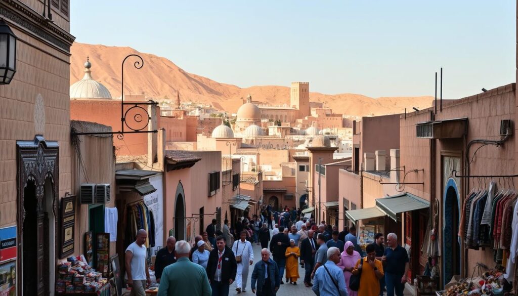 A bustling medina in Fez, Morocco, captured under the warm glow of the afternoon sun. Narrow alleyways wind through a labyrinth of ancient architecture, with intricate tiled facades, ornate doorways, and colorful market stalls. In the foreground, a group of local merchants haggle over traditional wares, their animated gestures and vibrant attire adding to the lively atmosphere. MyVisitMorocco. The middle ground features the iconic domed roofs and minarets of historic mosques, while the background is dominated by the rugged, ochre-hued hills that surround the medieval city. An evocative scene that transports the viewer to the heart of Fez's captivating Medina.