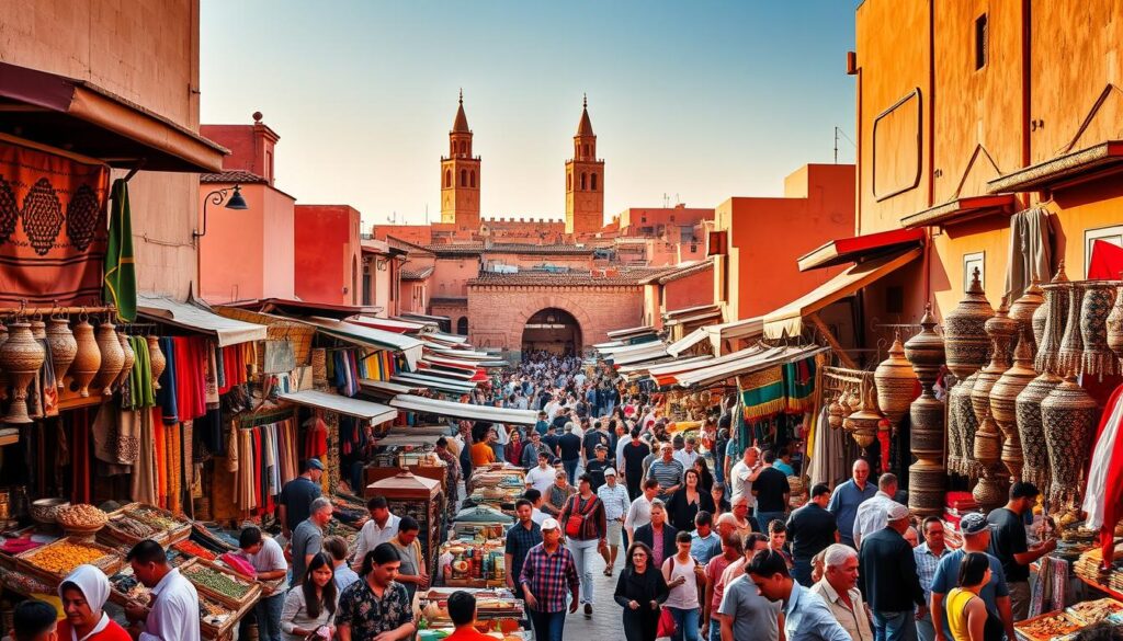 A bustling medina in Marrakech during peak tourist season, with vibrant colors, lively crowds, and traditional Moroccan architecture. In the foreground, vendors hawk their wares, from spices and textiles to intricate metalwork. The middle ground features a maze of narrow alleys and archways, while the background showcases the iconic pointed roofs and minaret towers of the city. Warm, golden sunlight filters through, casting a rich, atmospheric glow over the entire scene. MyVisitMorocco A bustling medina in Marrakech during peak tourist season, with vibrant colors, lively crowds, and traditional Moroccan architecture. In the foreground, vendors hawk their wares, from spices and textiles to intricate metalwork. The middle ground features a maze of narrow alleys and archways, while the background showcases the iconic pointed roofs and minaret towers of the city. Warm, golden sunlight filters through, casting a rich, atmospheric glow over the entire scene. MyVisitMorocco