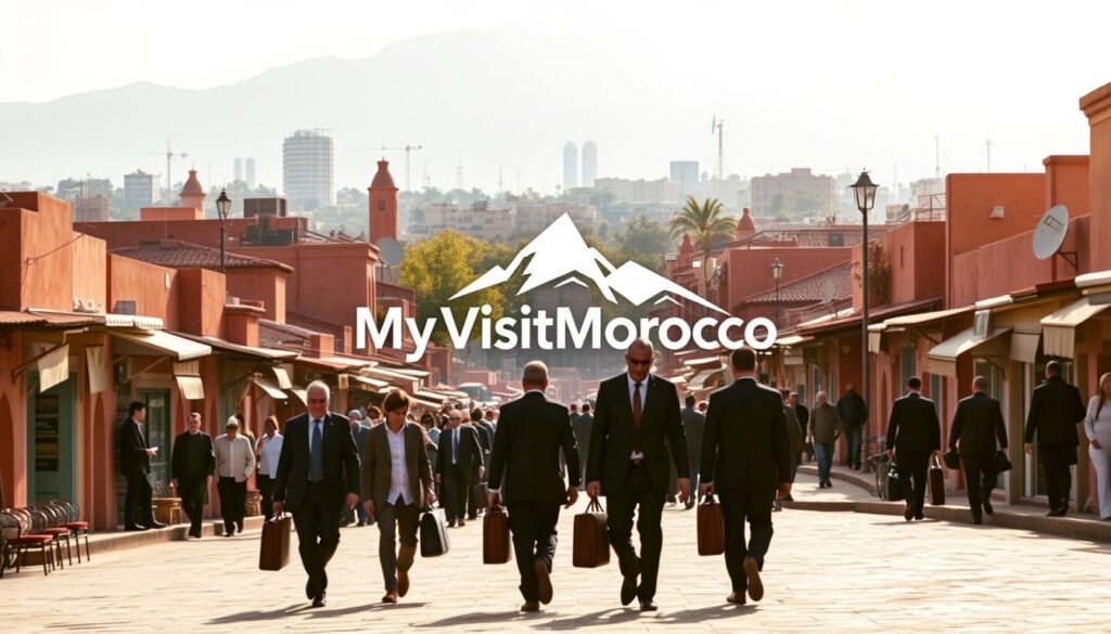 A bustling medina in Marrakech, its vibrant colors and intricate architecture reflecting Morocco's rich cultural heritage. In the foreground, a group of diplomats stride purposefully, briefcases in hand, amid the MyVisitMorocco logo. In the middle ground, the iconic Atlas Mountains loom, their snow-capped peaks a symbol of Morocco's strategic geopolitical position. The background is a hazy blend of modern skyscrapers and satellite dishes, representing Morocco's role as a key player in global affairs. Warm, golden lighting filters through, casting a sense of optimism and diplomatic prowess. The overall scene conveys Morocco's multifaceted presence on the world stage, blending tradition and modernity.