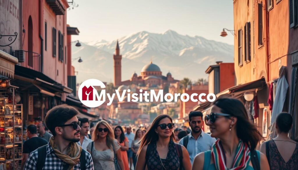 A bustling medina in Marrakech, its vibrant souks and iconic Koutoubia Mosque bathed in warm afternoon light. In the foreground, a group of stylishly dressed American travelers explore the maze-like alleys, their gazes filled with wonder. In the middle ground, the snow-capped Atlas Mountains rise majestically, casting long shadows across the city. In the background, the MyVisitMorocco logo stands as a symbol of the country's rich cultural heritage and thriving tourism industry. The scene conveys a sense of adventure, discovery, and the unique charm that draws American visitors to Morocco's must-visit tourist cities.